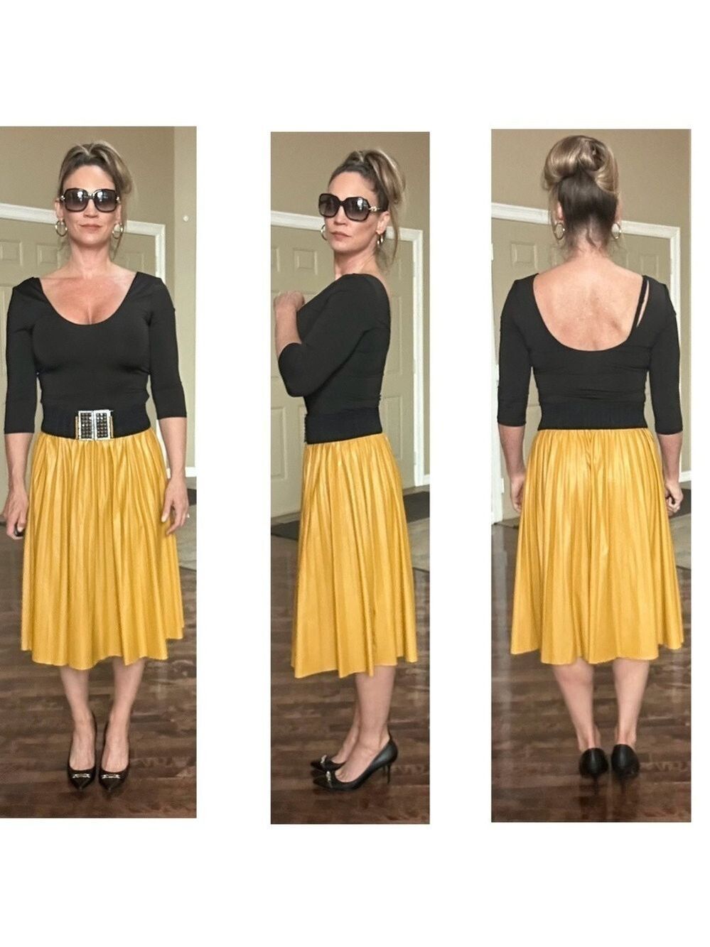 Kate Hewko mustard yellow faux leather A-line pleated midi skirt - Picture 3 of 9